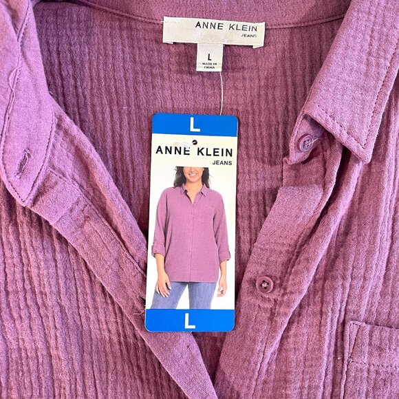 Women’s Anne Klein Purple Crinkle Button Down Shirt L - Picture 4 of 10
